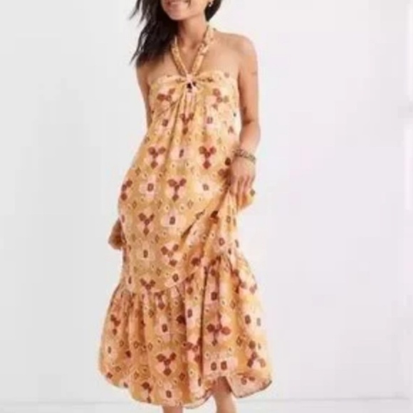Aerie Linen Blend print Halter Maxi Dress Size Large Boho - Picture 1 of 14